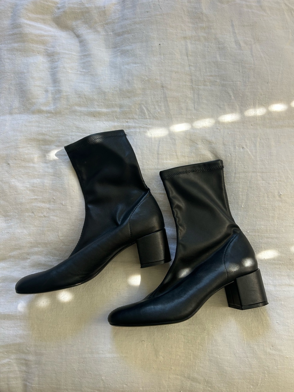 Zara Stretch Leather Mid-Calf Black Block Heel Boots